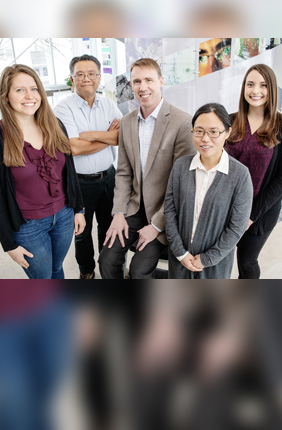 A University of Illinois team developed a web app that can identify drug compounds that will accumulate in Gram-negative bacteria, overcoming a major hurdle in the development of new drugs to kill these dangerous pathogens. The team includes, from left, graduate student Emily Geddes, pathobiology professor Gee Lau, chemistry professor Paul Hergenrother, postdoctoral researcher Hyang Yeon Lee, and postdoctoral researcher Erica Parker.  