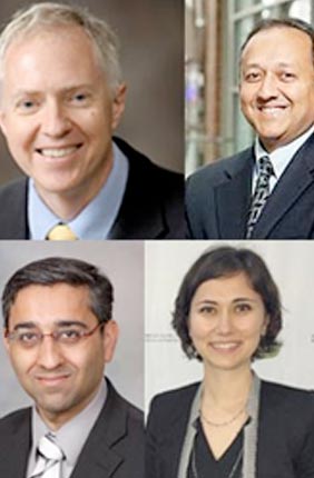 ONC-PM theme members include (from top left) theme leader Brian Cunningham (Electrical and Computer Engineering, Bioengineering); Rashid Bashir (Bioengineering); Timothy M. Fan (Veterinary Clinical Medicine); Auinash Kalsotra (Biochemistry); Benita S. Katzenellenbogen (Molecular & Integrative Physiology); Manish Kohli (Medical Oncology, Mayo Clinic); Zeynep Madak-Erdogan (Food Science  and Human Nutrition); Olgica Milenkovic (Electrical and Chemical Engineering); Andrew Smith (Bioengineering); and Liang Wan