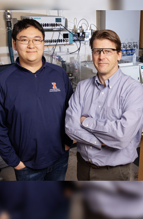 Chemical and biomolecular engineering professor and department chair Paul Kenis, right, and graduate student Shawn Lu are co-authors of a new study that examines the feasibility of a new CO2 waste-to-value technology.  