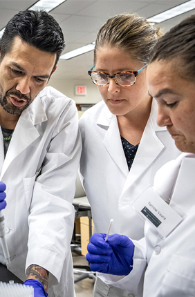 Indigenous and non-Indigenous scholars, students and scientists participated in the SING workshop at the Carl. R. Woese Institute for Genomic Biology at the U. of I. SING alumnus Justin Lund, left, with researchers Jessica Blanchard and Yarrow Vaara, in the lab.
