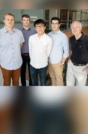 Illinois researchers developed a method to detect cancer markers called microRNA with single-molecule resolution, a technique that could be used for liquid biopsies. From left: postdoctoral researcher Taylor Canady, professor Andrew Smith, graduate student Nantao Li, postdoctoral researcher Lucas Smith and professor Brian Cunningham.