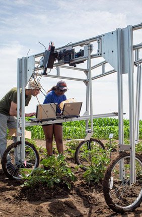 University of Illinois Research Technician Evan Dracup (left) uses hyperspectral cameras to screen whole research plots for high-yielding photosynthesis traits.