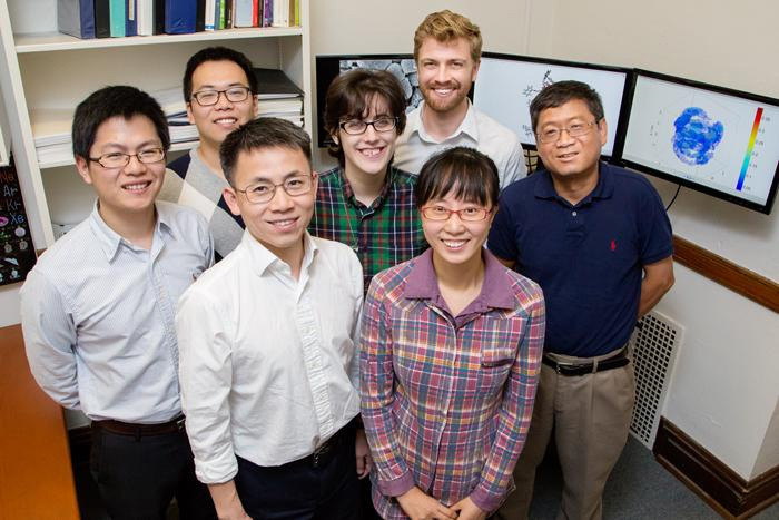 A team of researchers developed a new broad-spectrum antibiotic that kills bacteria by punching holes in their membranes. Front row, from left: Materials Science and Engineering Professor Jianjun Cheng and postdoctoral researcher Yan Bao. Back row, from left: postdoctoral researcher Menghua Xiong, graduate students Ziyuan Song and Rachael Mansbach, Materials Science and Engineering Professor Andrew Ferguson, and Biochemistry Professor Lin-Feng Chen.