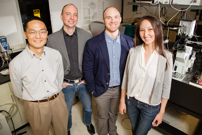 Pictured, from left: Professor Huimin Zhao, professor Charles Schroeder, graduate students Luke Cuculis and Zhanar Abil.