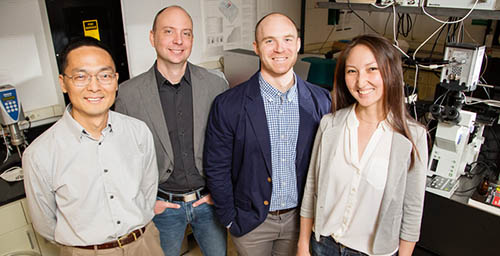  From left: Illinois chemical and biomolecular engineering professors Huimin Zhao and Charles Schroeder, along with graduate students Luke Cuculis and Zhanar Abil, published their work in the journal Nature Chemical Biology.
