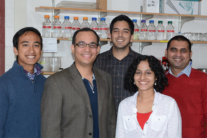 Left to right are: Edrees H. Rashan, Auinash Kalsotra (Assistant Professor of Biochemistry and Medical Biochemistry), Waqar Arif, Amruta Bhate, and Sandip Chorghade