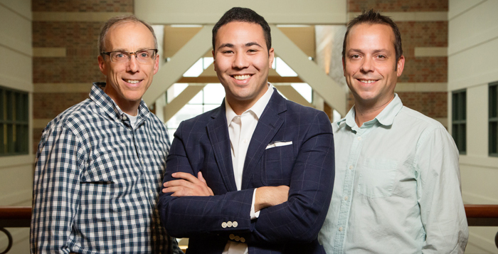 From left, chemistry professor Jeffrey Moore, graduate student Joshua Grolman, and materials science and engineering professor Kristopher Kilian, who led a research team to create a new synthetic tissue environment for more realistic cell biology research.