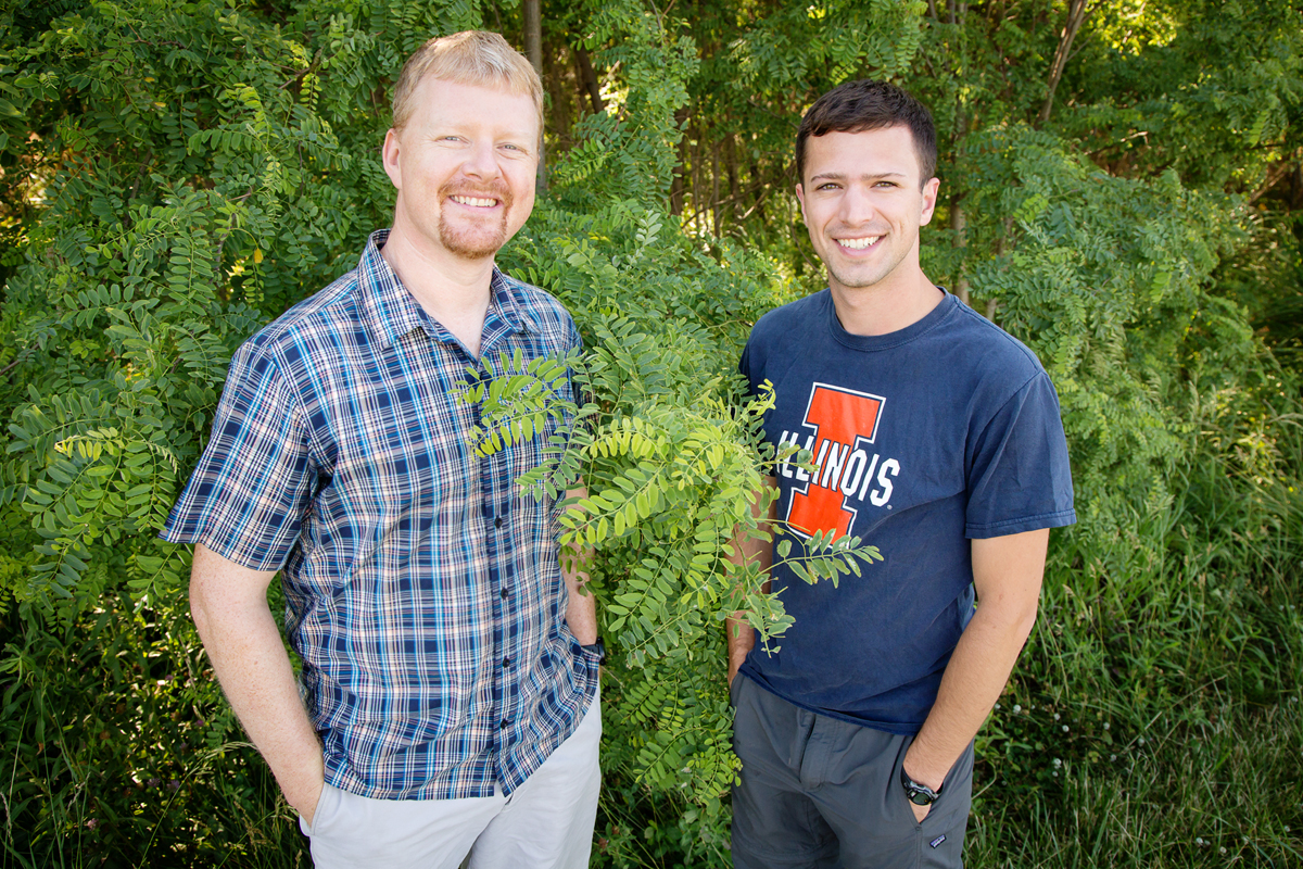 Researchers at the U. of I. found that plants vary a lot in the efficiency with which they uptake carbon dioxide and conserve water. Plant biology professor Andrew Leakey, left, mentored Kevin Wolz, who was an undergraduate at the time he conducted the research. Wolz now holds degrees in civil engineering and biology and is pursuing a doctorate in biology.  Researchers at the U. of I. found that plants vary a lot in the efficiency with which they uptake carbon dioxide and conserve water. Plant biology professor Andrew Leakey, left, mentored Kevin Wolz, who was an undergraduate at the time he conducted the research. Wolz now holds degrees in civil engineering and biology and is pursuing a doctorate in biology.