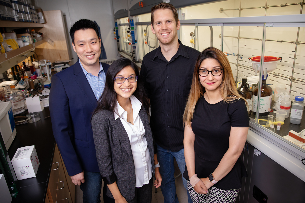 University of Illinois researchers developed a molecular probe that can tag and track elusive cancer stem cells in both cell cultures and live organisms. From left: Chemistry professor Jefferson Chan, graduate students Chelsea Anorma and Thomas Bearrood, and postdoctoral researcher Jamila Hedhli.