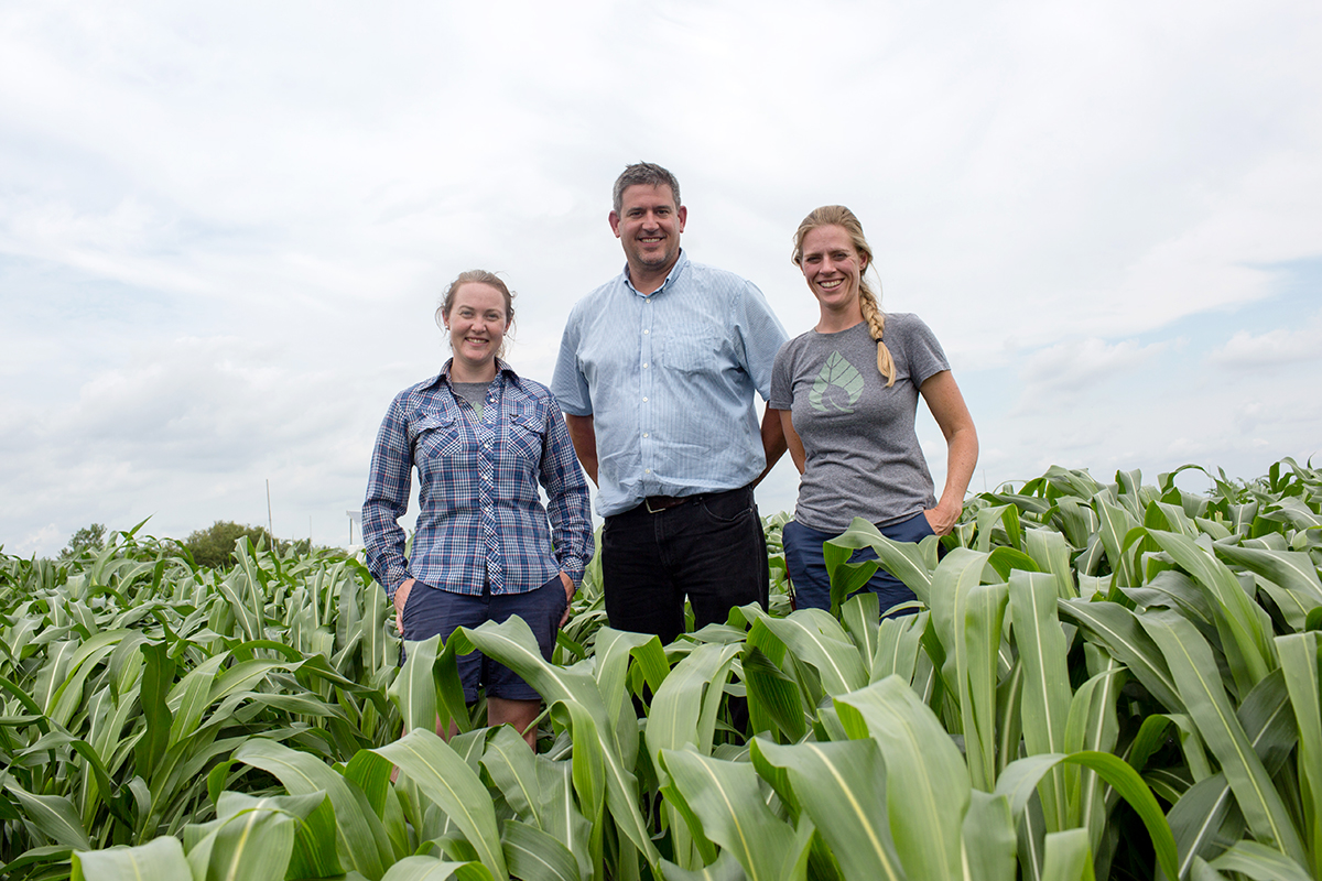 From left, Caitlin Moore, Carl Bernacchi, Katherine Meacham-Hensold and their colleagues review how rising temperatures affect photosynthesis in plants and how scientists are addressing the challenges.