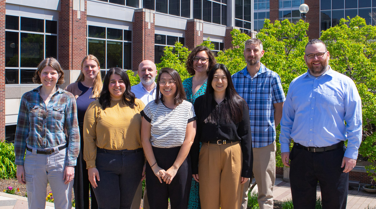 IGB Communications and Outreach team includes (front row left to right) Claudia Lutz, Corinne Campbell, Mirhee Lee, Sarah Choi, and Danny Ryerson, and (back row, left to right) Catharine Brady, Nicholas Vasi, Julia Pollack, and Daniel Urban. / Isaac Mitchell