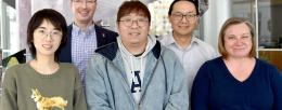 The research team included: first row, left to right, Ivy (Wuying) Tang, first author Harry (Shih-I) Tan, and Teresa Martin; back row, CABBI co-PIs Jeremy Guest (left) and Huimin Zhao. / Julie Wurth