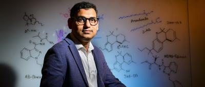 Illinois researcher Diwaker Shukla shows how deep learning and large-scale computer simulations can help lead the search for safe synthetic cannabinoid-based pharmaceuticals. Photo by Fred Zwicky