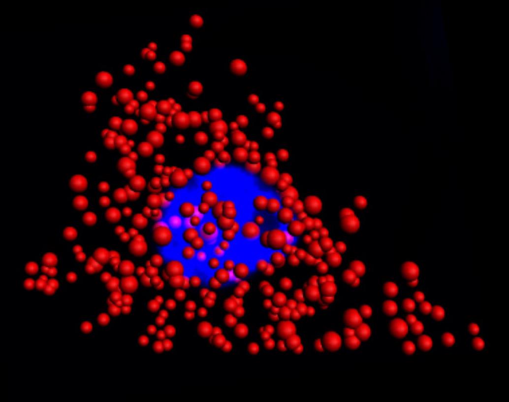 Quantum dots illuminate the locations of individual mRNA as red dots in the cytoplasm of a single HeLa cell. The blue region is the nucleus. This work was a collaborative effort between Illinois Bioengineering and Mayo Clinic researchers. 