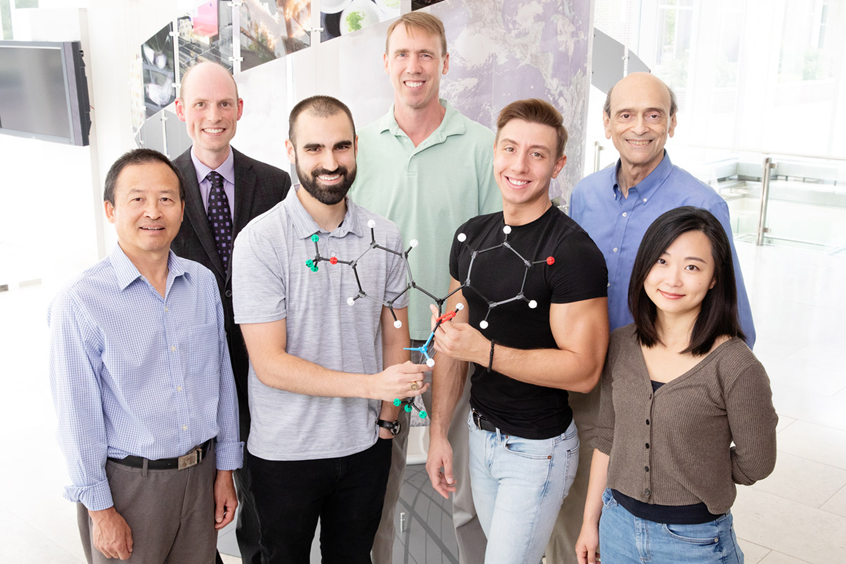 Researchers discovered a small molecule, ErSO, that eradicates breast cancers in mice by targeting a pathway that protects cancer cells. Illinois researchers on the study include, from front left, research scientist Chengjian Mao and graduate students Matthew Boudreau, Darjan Duraki and Ji Eun Kim. In the back row, from left, are molecular and integrative physiology professor Erik Nelson, chemistry professor Paul Hergenrother and biochemistry professor David Shapiro.