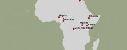 Map showing African countries where 28 AfricaBP Open Institute regional workshops were held in 2023. Host countries are: Nigeria, South Africa, Morocco, Algeria, Egypt, Tunisia, Kenya, Cameroon, DR Congo, Ethiopia, and Uganda