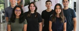 From left: Peter Nardulli, Shriya Wagholikar, Katie Zobus, Richard Zhou, Stella Launay, and Darian Tabrizi are all bioengineering majors in BMEJC.    Photographer: Julia Pollack