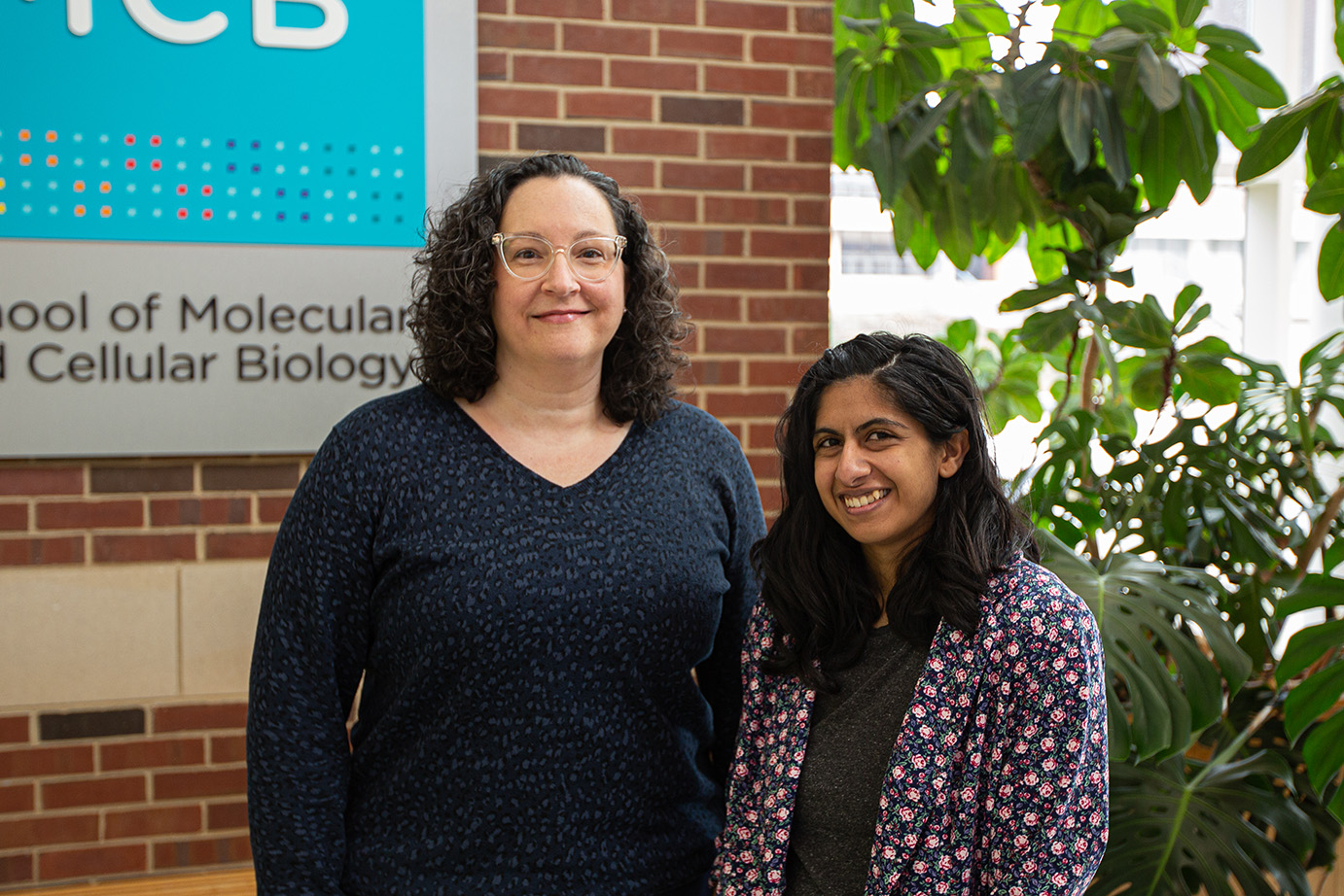 Cari Vanderpool, left, and Sabrina Abdulla uncovered how the&nbsp;small RNAs Spot 42 and SdsR&nbsp;help Salmonella express their virulence genes.