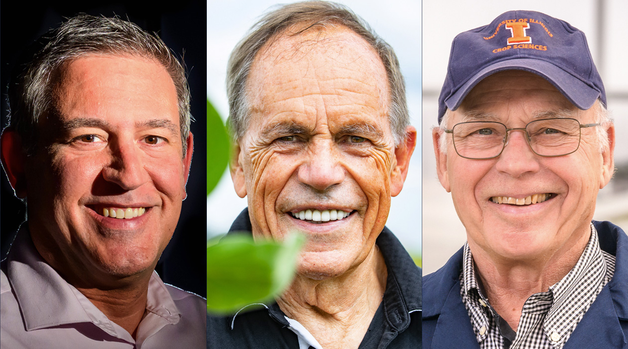 In a review in the journal Science, Illinois researchers, from left, Carl Bernacchi, Stephen Long and Donald Ort describe the many field- and laboratory-tested approaches to increasing crop resilience in a warming world. Photos by Fred Zwicky and Craig Pessman 