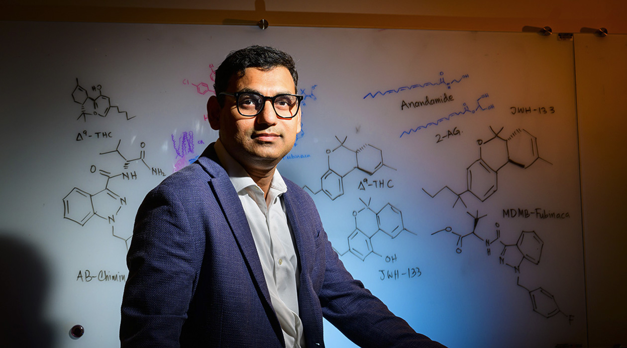 Illinois researcher Diwaker Shukla shows how deep learning and large-scale computer simulations can help lead the search for safe synthetic cannabinoid-based pharmaceuticals. Photo by Fred Zwicky
