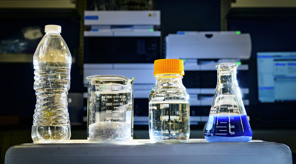 Researchers used microbes to convert plastic waste into pyruvate, an essential energy source for microbes that use it to generate other useful products. As a proof-of-concept experiment, they converted polyethylene terephthalate, or PET, from plastic bottles into the blue dye indigoidine. Photo by Fred Zwicky