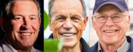 In a review in the journal Science, Illinois researchers, from left, Carl Bernacchi, Stephen Long and Donald Ort describe the many field- and laboratory-tested approaches to increasing crop resilience in a warming world. Photos by Fred Zwicky and Craig Pessman 