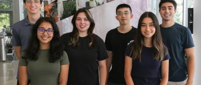 From left: Peter Nardulli, Shriya Wagholikar, Katie Zobus, Richard Zhou, Stella Launay, and Darian Tabrizi are all bioengineering majors in BMEJC.    Photographer: Julia Pollack