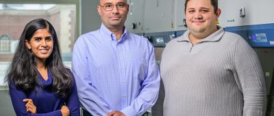 A new gene editing tool helps cells skip gene regions with problematic mutations. From left, graduate student Shraddha Shirguppe, Professor Pablo Perez-Pinera, and graduate student Angelo Miskalis led a team that applied the tool to reduce proteins associated with Alzheimer’s disease in mice. / Fred Zwicky