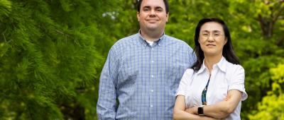 In a study of neonatal piglets, Illinois pathobiology professors Christopher Gaulke, left, Ying Fang and their colleagues linked influenza A viral infection to alterations of the nasal microbiome and potentially detrimental changes in brain gene expression. Vaccination of pregnant sows appeared to partially protect their offspring from these effects. Photo by Michelle Hassel