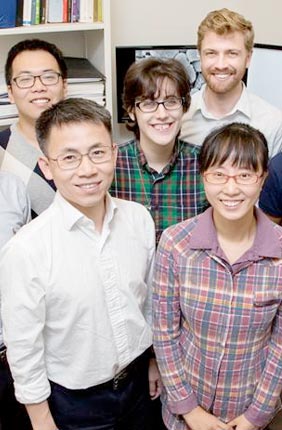 A team of researchers developed a new broad-spectrum antibiotic that kills bacteria by punching holes in their membranes. Front row, from left: Materials Science and Engineering Professor Jianjun Cheng and postdoctoral researcher Yan Bao. Back row, from left: postdoctoral researcher Menghua Xiong, graduate students Ziyuan Song and Rachael Mansbach, Materials Science and Engineering Professor Andrew Ferguson, and Biochemistry Professor Lin-Feng Chen.