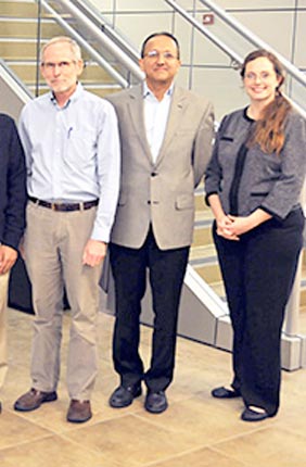 Pictured here, left to right: Gabriel Popescu, Hyunjoon Kong, Martha Gillette, Taher Saif, EBICS Director Roger Kamm of MIT, Rashid Bashir, and Program Coordinator Carrie Kouadio.