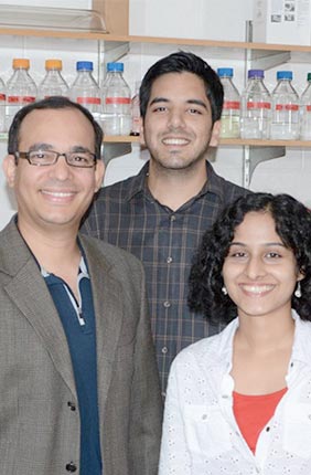 Left to right are: Edrees H. Rashan, Auinash Kalsotra (Assistant Professor of Biochemistry and Medical Biochemistry), Waqar Arif, Amruta Bhate, and Sandip Chorghade.