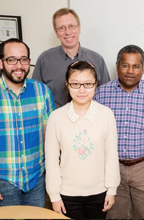From left, University of Illinois graduate research assistant Manuel A. Ortega, chemistry professor Wilfred van der Donk, graduate student Yue Hao, biochemistry professor Satish Nair, and postdoctoral researcher Mark Walker