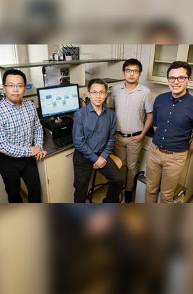 A team including, from left, postdoctoral researcher Ziyuan Song, professor Jianjun Cheng and graduate students Tianrui Xue and Lazaro Pacheco, developed a new method that streamlines the construction of amino acid building blocks that can be used in a multitude of industrial and pharmaceutical applications. 