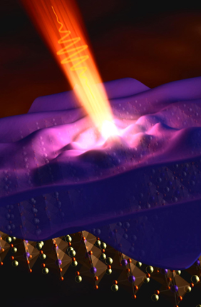 Doped charges in the CuO2 planes of cuprate superconductors form regular one-dimensional 'stripes' at low temperatures. Excitation with ultrafast near-infrared pulses allows direct observation of diffusive charge dynamics, which may be involved in the establishing in-plane superconductivity. Greg Stewart/SLAC National Accelerator Laboratory
