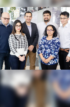 Researchers determined key molecular events that lead to heart abnormalities in myotonic dystrophy. The team included, from left, bioengineering professor Lawrence Dobrucki, postdoctoral fellow Jamila Hedhli, biochemistry professor Auinash Kalsotra, graduate student Sushant Bangru, research scientist Chaitali Misra and graduate student Kin Lam.
