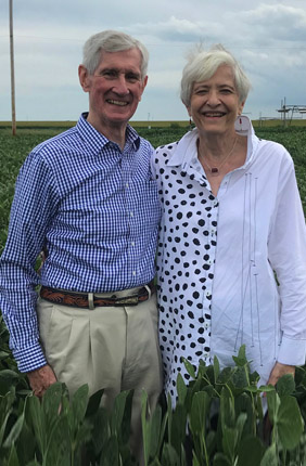 Robert and Kim Benziger at SoyFACE (Soybean Free Air Concentration Enrichment) during their 2019 tour of IGB research projects.