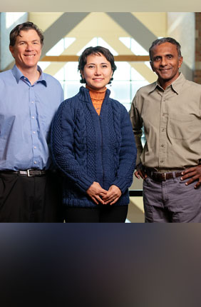 A new study in mice suggests that consuming a high-fat diet in combination with exposure to PFAS triggers changes in benign and malignant prostate cells that promote rapid tumor growth. Food science and human nutrition professor Zeynep Madak-Erdogan, center, led the study. Co-authors include comparative biosciences professor Michael J. Spinella, left, and bioengineering professor Joseph Irudayaraj.
