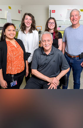 A cross-disciplinary research team from the University of Illinois Urbana-Champaign demonstrated a CAR-T immune therapy effective at attacking late-stage ovarian cancer in mice with a single dose, providing evidence that CAR-T therapies could effectively treat solid-tumor cancers. Pictured, from front left: postdoctoral researcher Diana Rose Ranoa, graduate student Claire Schane, professor emeritus of biochemistry David Kranz (front center), researcher Amber Lewis and professor emeritus of pathology Edward 