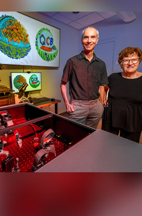 Principal investigator Professor Zan Luthey-Schulten and co-PI Martin Gruebele pose in front of the MINFLUX at the IGB, a highly precise and photon-efficient way of localizing molecules in three dimensions.