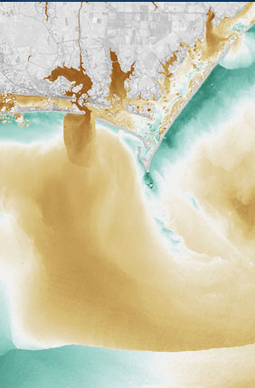 A NASA image containing visible and infrared data revealing the presence of dissolved organic matter – including potential antibiotic-resistant pathogens – in the waterways along coastal North Carolina after Hurricane Florence. 