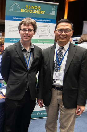 Stephan Lane, left, and Huimin Zhao at the Robotics Showcase and Demo Day.