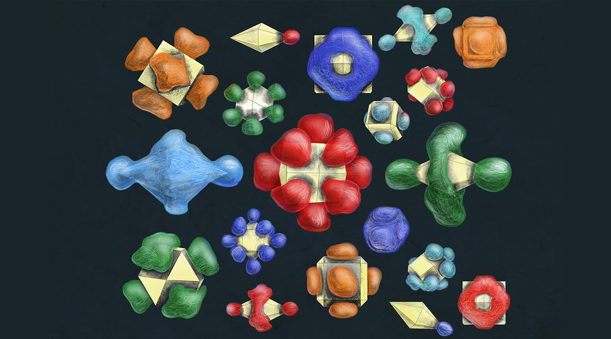 With atomic stenciling, researchers have made a variety of patterned patchy nanoparticles with new shapes and properties. Illustration by Maayan Harel