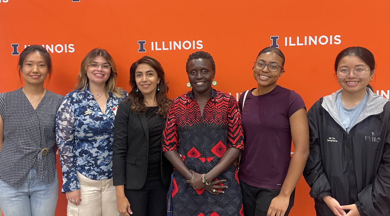 From left to right: Minxing Zhu, Frania Amaya, Zohreh Golshani, Dr. Esther Ngumbi, Lakiyah Smith, & Nhi Do at the research symposium.