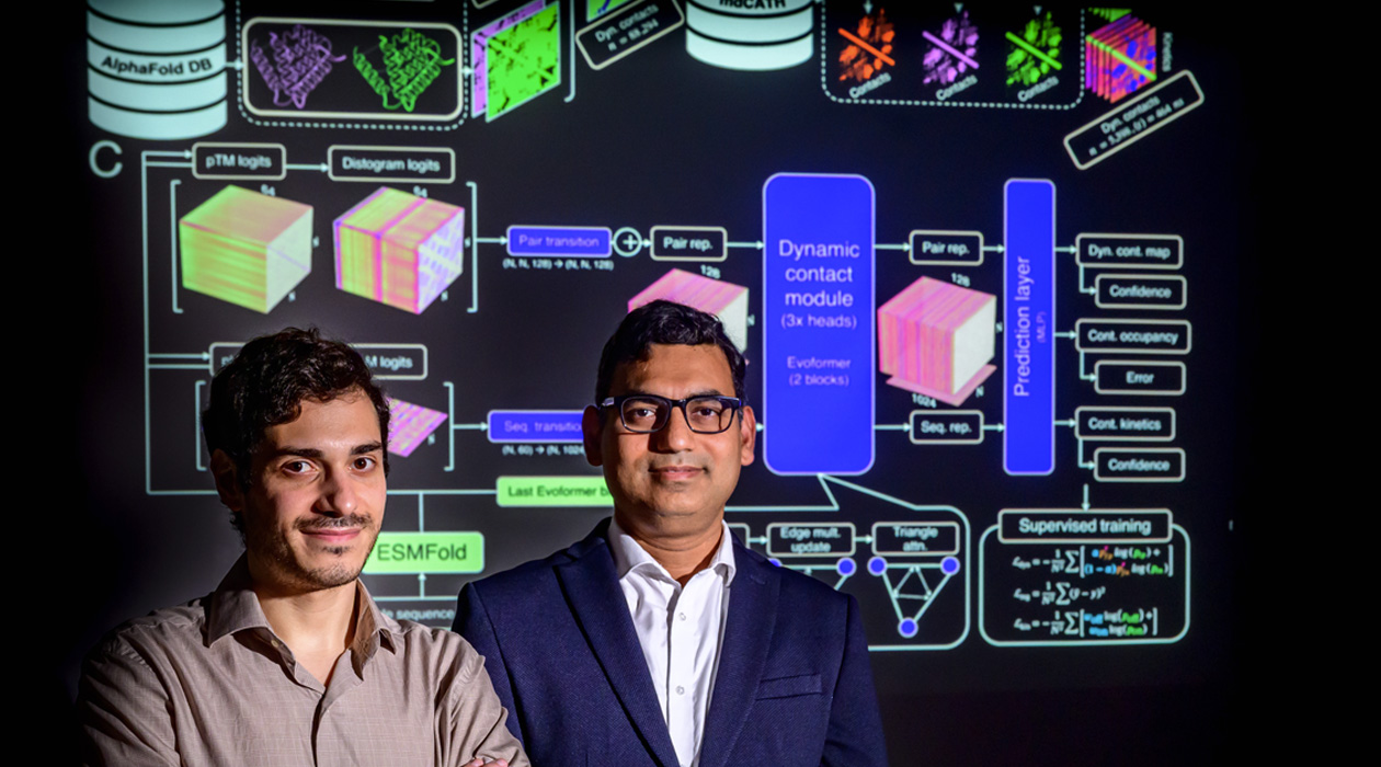 Diwakar Shukla, right, and graduate student Diego E. Kleiman worked together to map the moving parts of more than 18,000 proteins in the human body in less than two days, a feat that used to take months on a supercomputer. Photo by Fred Zwicky