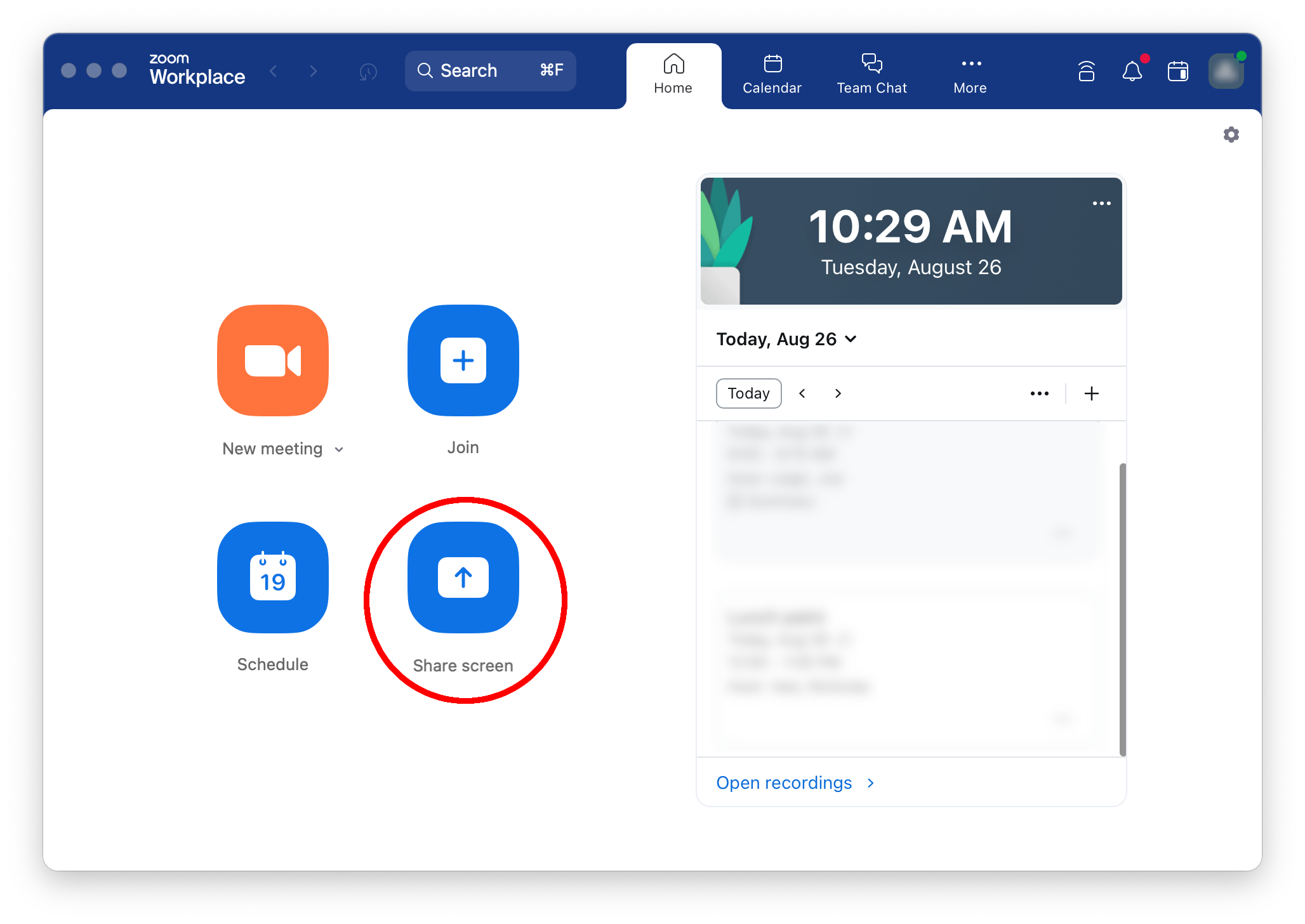 Zoom dashboard with the Share Screen button circled