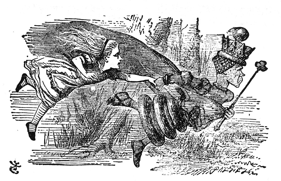 Sir John Tenniel's drawing of Alice and the Red Queen Running