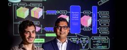 Diwakar Shukla, right, and graduate student Diego E. Kleiman worked together to map the moving parts of more than 18,000 proteins in the human body in less than two days, a feat that used to take months on a supercomputer. Photo by Fred Zwicky