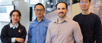 The research team included (from left) Postdoctoral Researcher Yujie Yuan, Professor of Chemical and Biomolecular Engineering Huimin Zhao, PhD student Wesley Harrison, Postdoctoral Researcher Zhengyi Zhang, and Postdoctoral Researcher Maolin Li (not pictured)