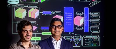 Diwakar Shukla, right, and graduate student Diego E. Kleiman worked together to map the moving parts of more than 18,000 proteins in the human body in less than two days, a feat that used to take months on a supercomputer. Photo by Fred Zwicky